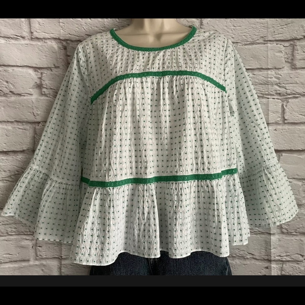 Crown & Ivy Peasant Top size Med. Green White Polka Dot Bell Sleeve Lace Trim
